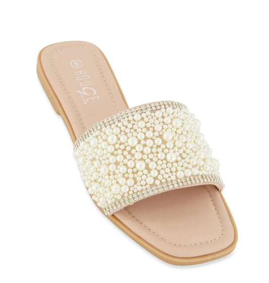 Bamboo Women's Pearl Studded Band Flat Sandals