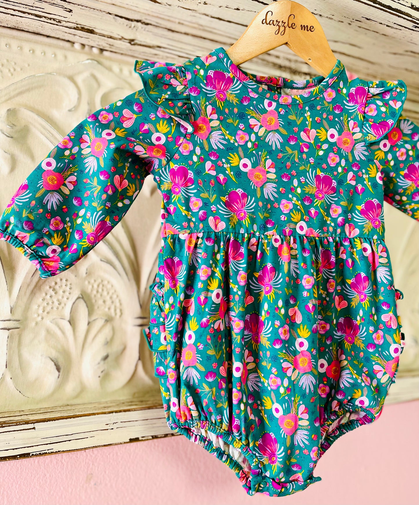 RuffleButts Emerald Floral Long Sleeve Bubble