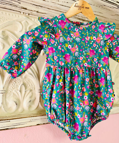 RuffleButts Emerald Floral Long Sleeve Bubble