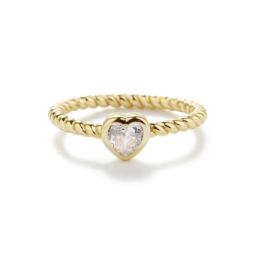 Cherished Moments 14K Gold-Plated Rope Ring with Clear CZ Heart for Girls