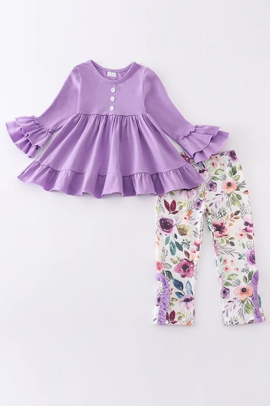 Honey Dew Purple Floral Ruffle Set