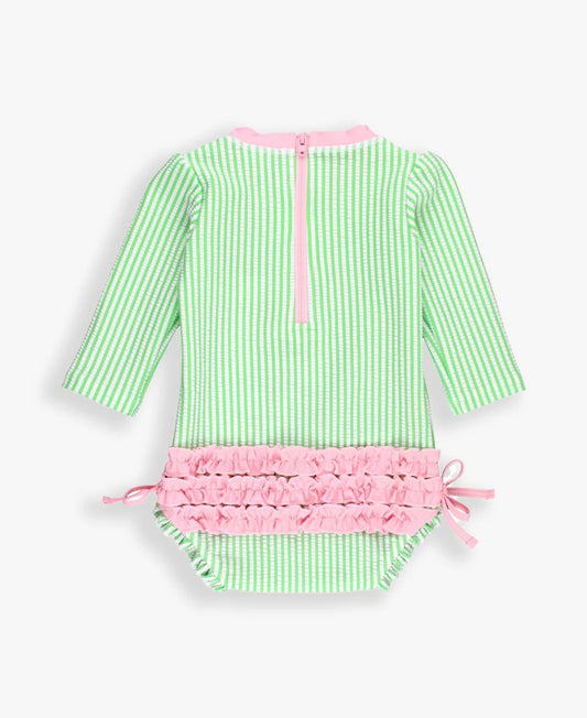 Ruffle Butts Spring Green Seersucker LS One Piece Rashguard