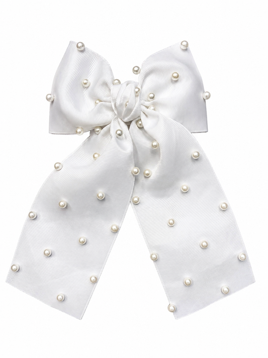 Beyond Creations 5.5" White Pearl Streamer Bow on Alligator Clip