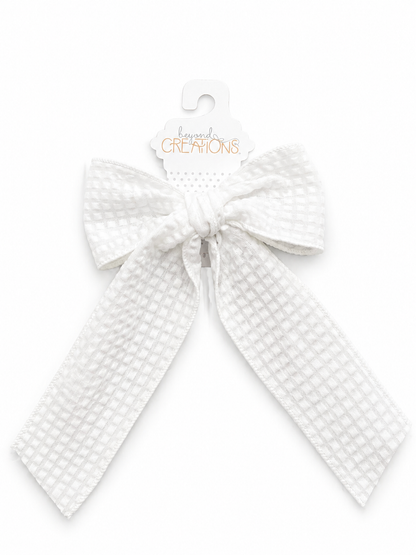 Beyond Creations Long Seersucker Tail Bows On Alligator Clip