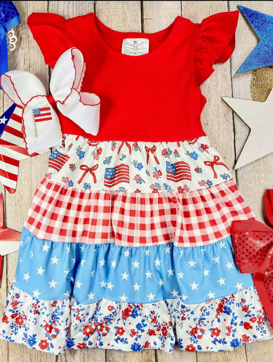 Fourth of July Girls Patriotic Patchwork Tiered Twirl Dress
