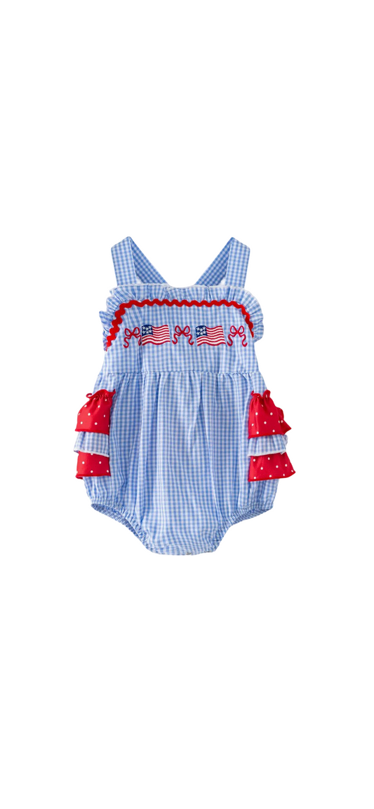 Fourth of July Baby Girls Blue Gingham American Flag Smocked Bubble Romper