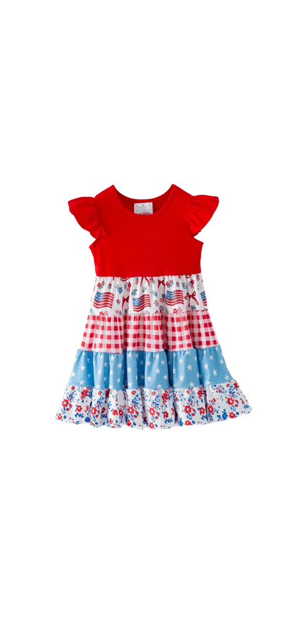 Fourth of July Girls Patriotic Patchwork Tiered Twirl Dress