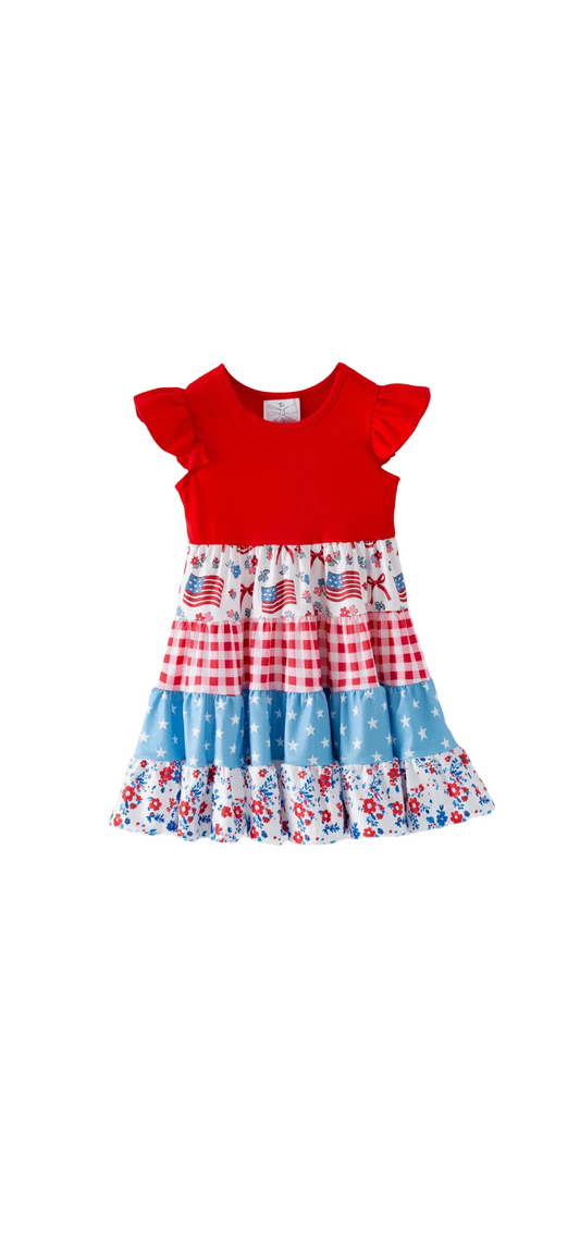 Fourth of July Girls Patriotic Patchwork Tiered Twirl Dress