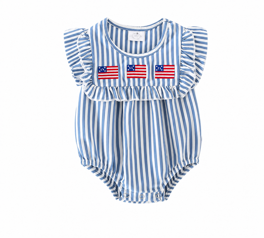 Fourth of July Baby Girl Stripe American Flag Ruffled Bubble Romper