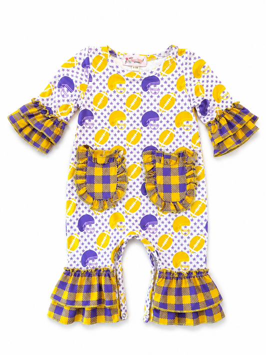 Helmet, Stars, & Plaid Ruffle Spirit Romper Size 6-12M