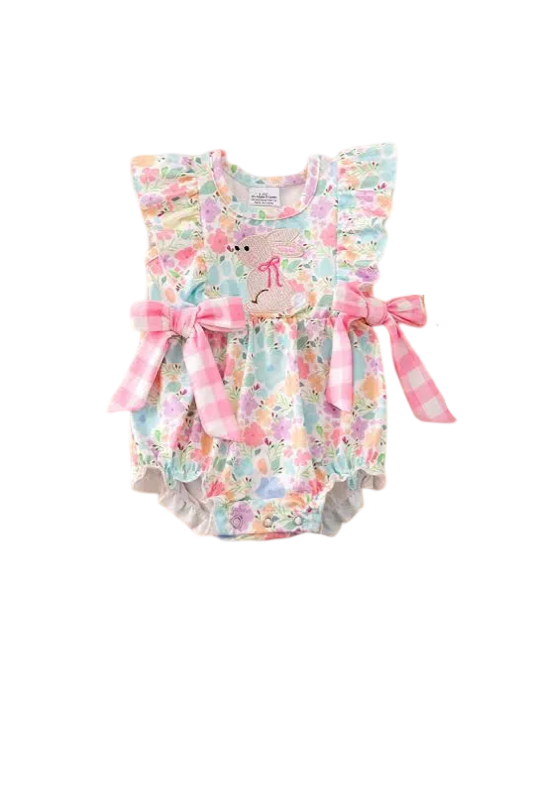 Easter Colorful Printed Flowers & Bunny Applique Romper