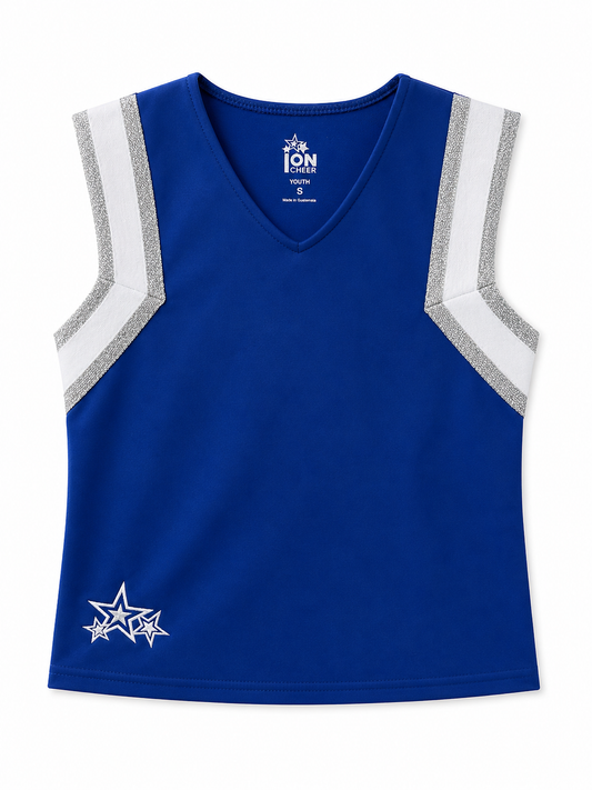 Blue, Silver, & White Star Cheer Suit Top Size Youth Small