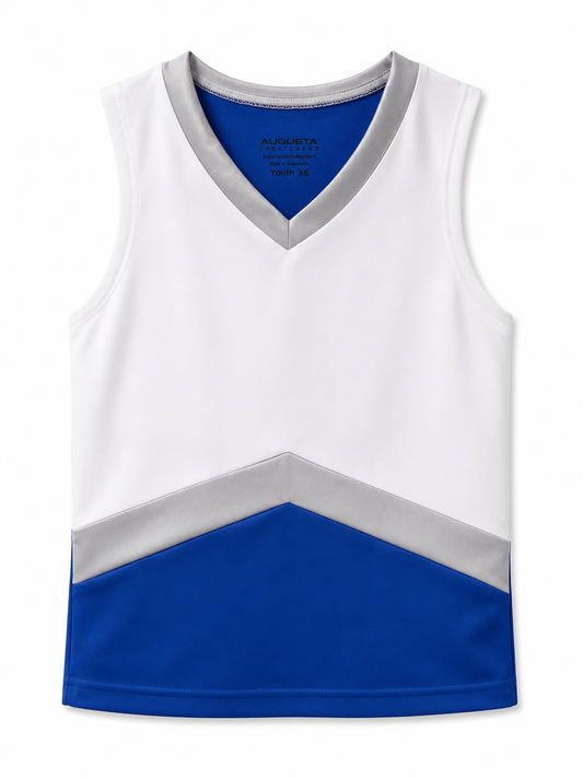 White, Blue, & Silver Augusta Cheer Suit Top Size Girls XS
