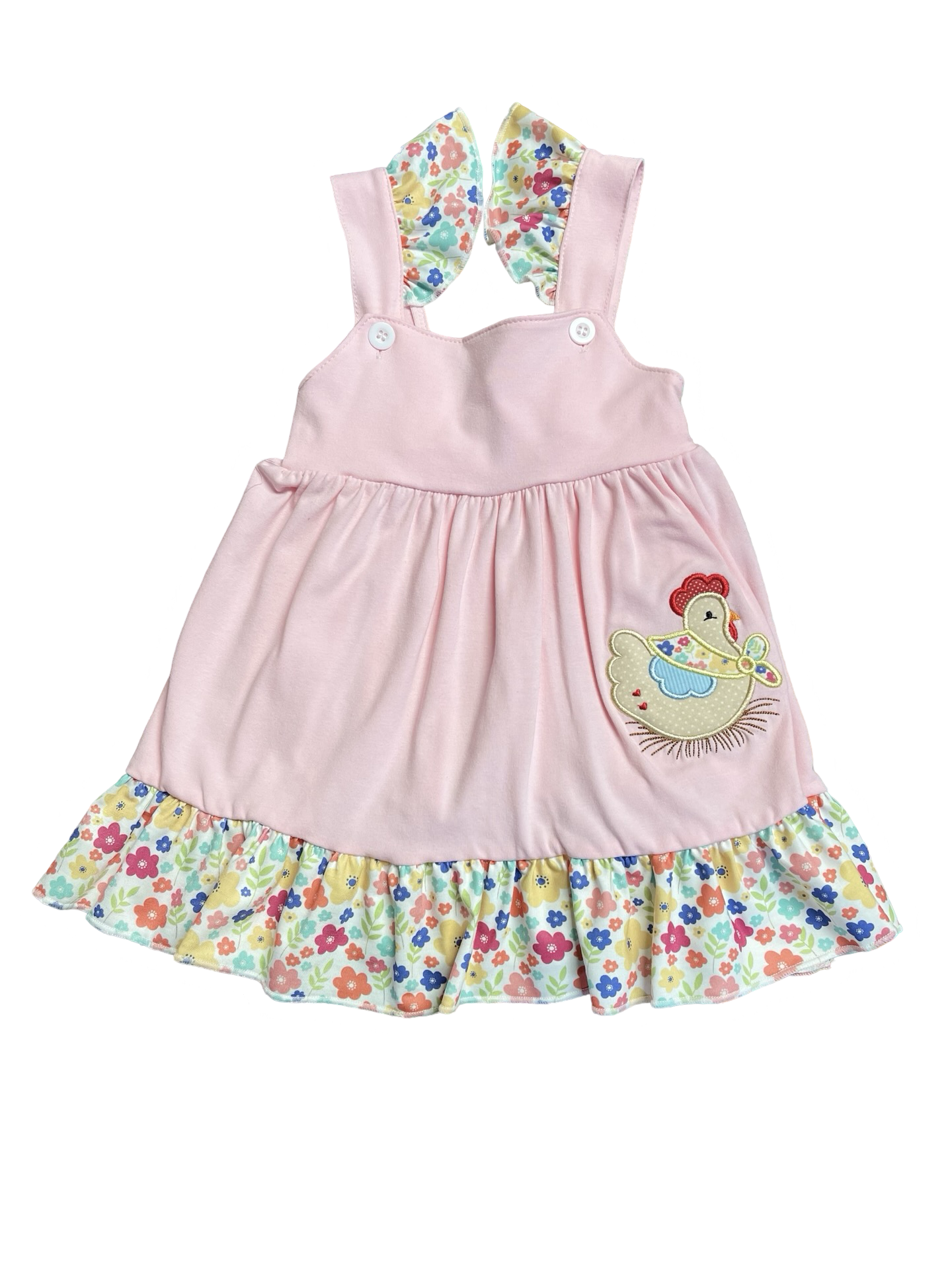 Pink Floral Chicken Applique Girls Dress