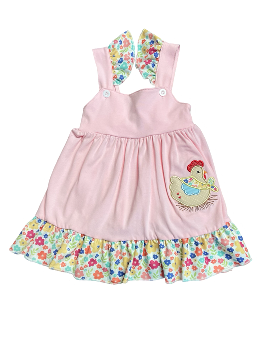 Pink Floral Chicken Applique Girls Dress