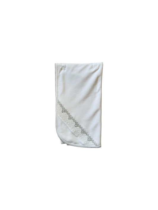 Copelan Walker Pitts Registry Baby Threads White & Grey Smocked Blanket
