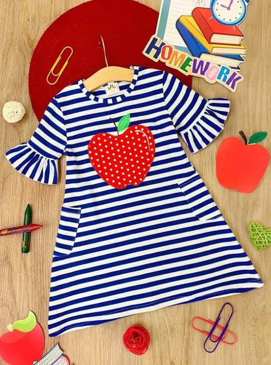 Back To School Navy Striped Dress With Apple