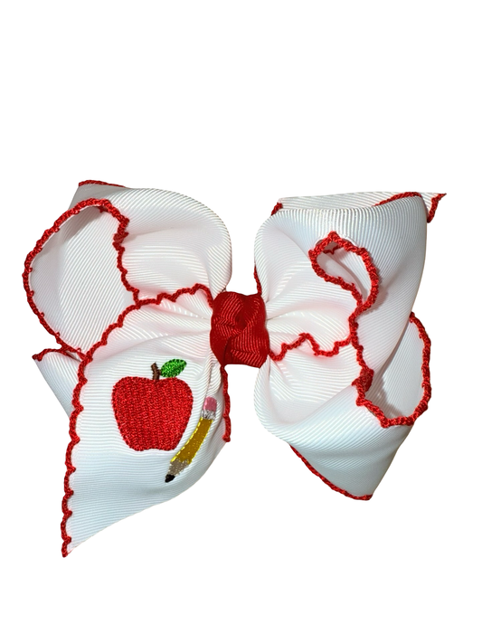 Beyond Creation Embroidered Pencil & Apple On Crochet Edge 5.5  Bow