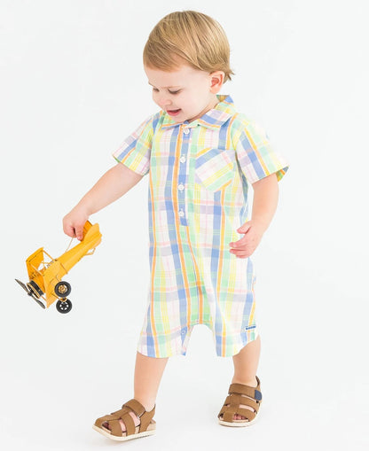 Rugged Butts Clubhouse Rainbow Plaid SS Woven Button-Up Romper