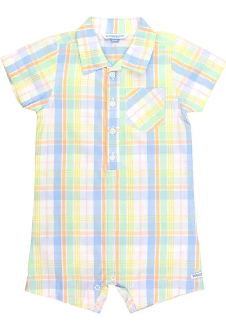 Rugged Butts Clubhouse Rainbow Plaid SS Woven Button-Up Romper