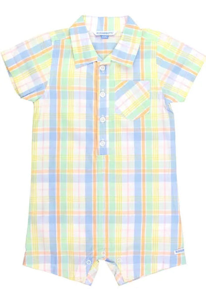 Rugged Butts Clubhouse Rainbow Plaid SS Woven Button-Up Romper