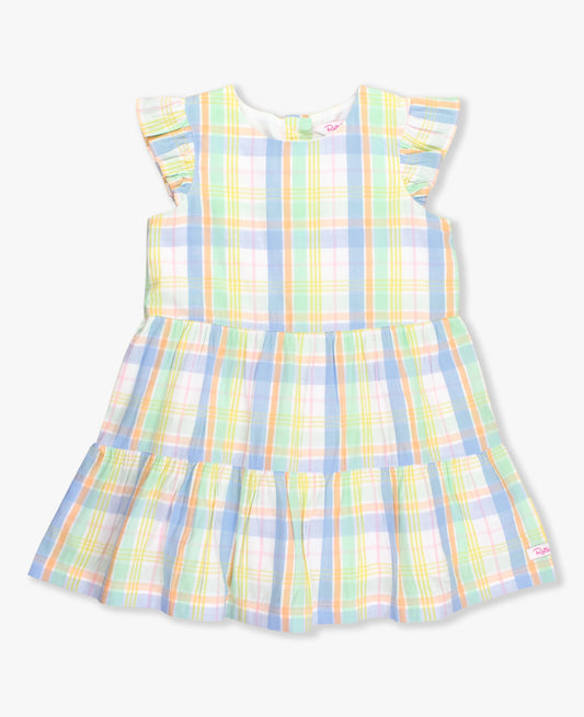 Ruffle Butts Clubhouse Rainbow Plaid Flutter Sleeve Tiered Dress
