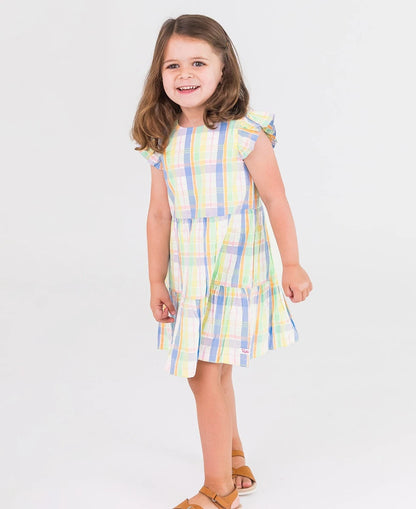 Ruffle Butts Clubhouse Rainbow Plaid Flutter Sleeve Tiered Dress