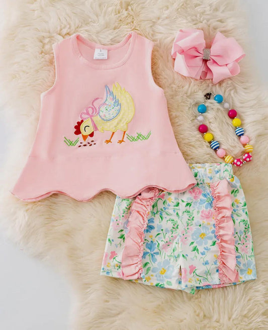 Ruffle Floral Chicken Short Set