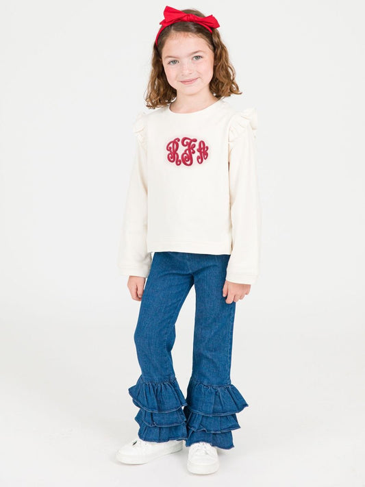 RuffleButts Dark Wash Ruffle Bell Bottoms