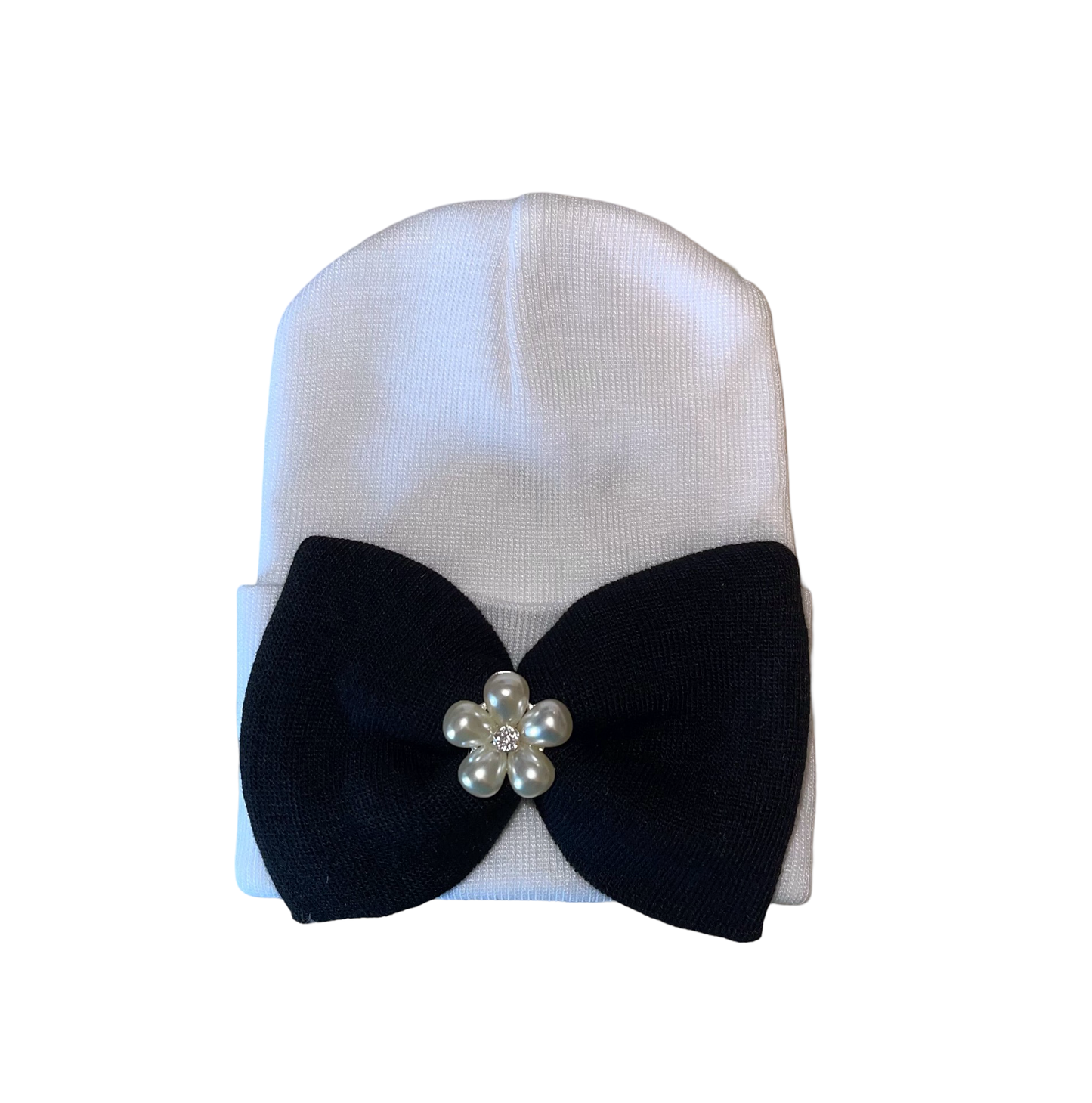 ILY Bean White Hat With Black Bow and Pearls