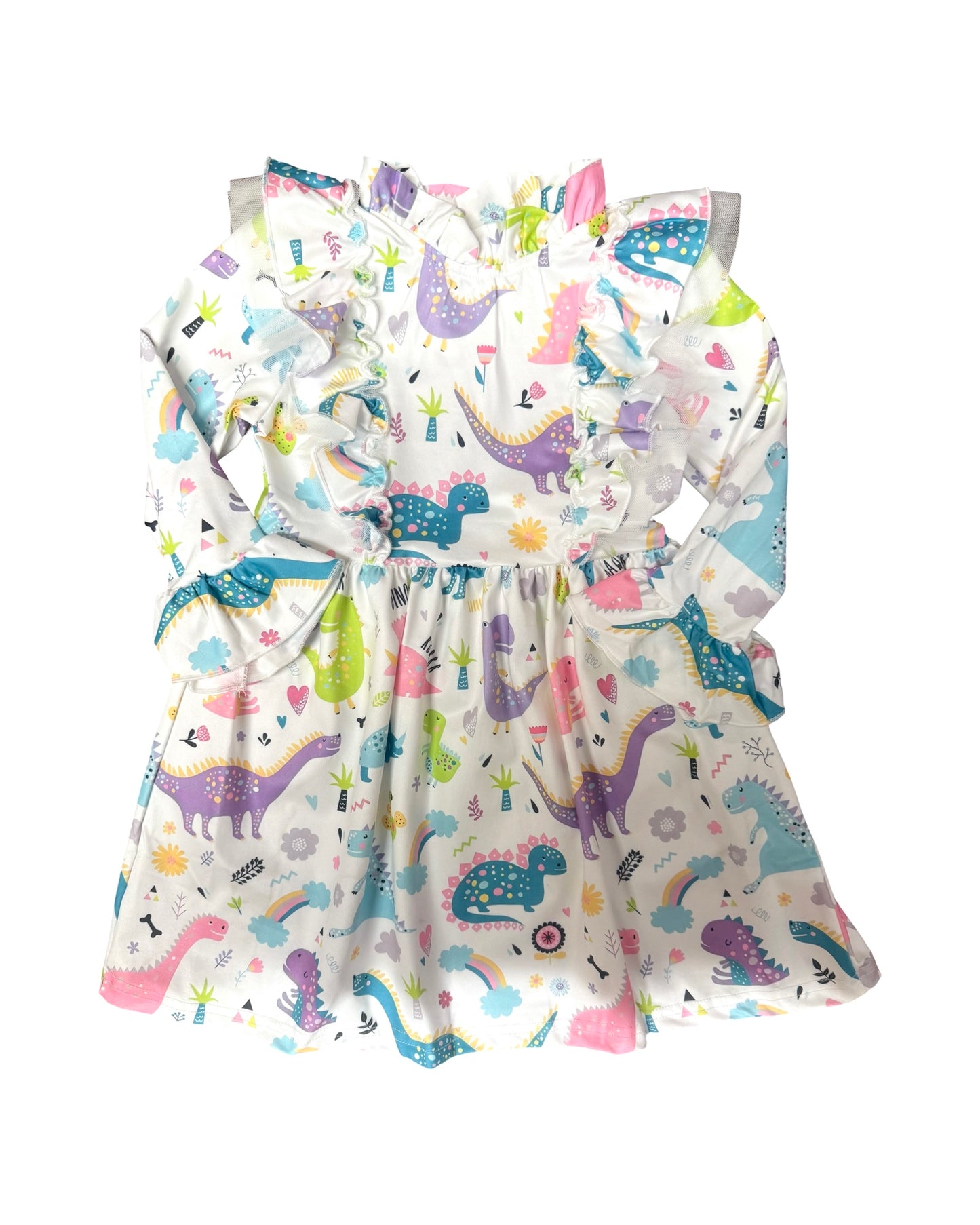 Colorful Dinosaur Dress with Tulled Ruffle Shoulder