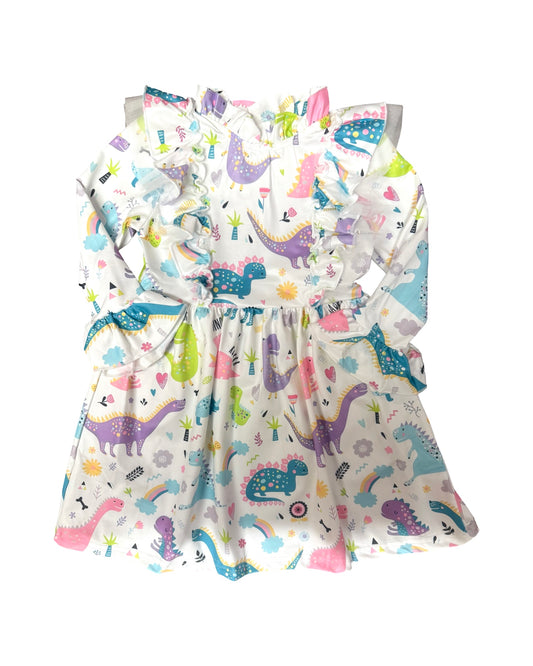 Colorful Dinosaur Dress with Tulled Ruffle Shoulder