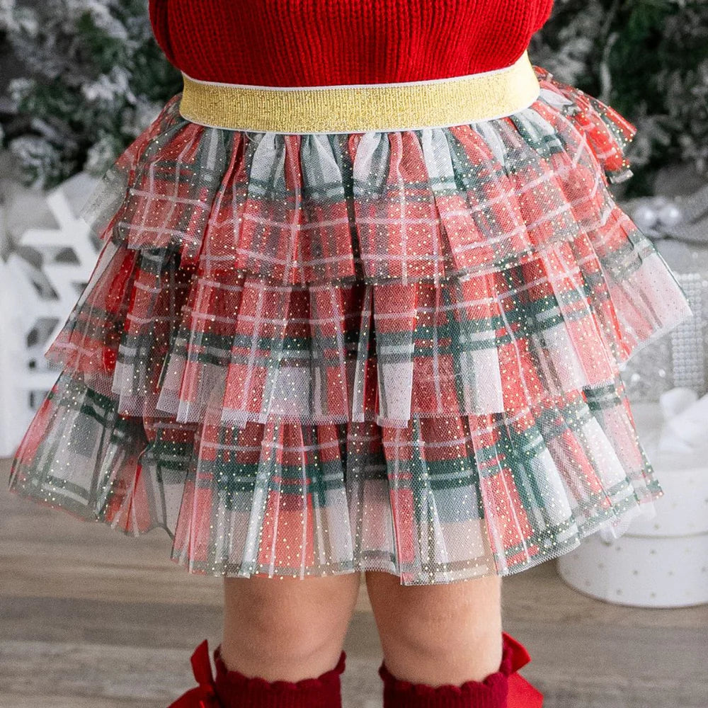 Sweet Wink Christmas Plaid Tulle Skirt with Matching Bow