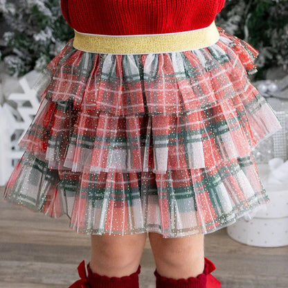Sweet Wink Christmas Plaid Tulle Skirt with Matching Bow
