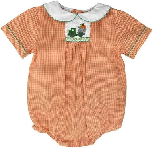 Petit Ami Orange Gingham Thanksgiving Shortalls with Truck & Pumpkin