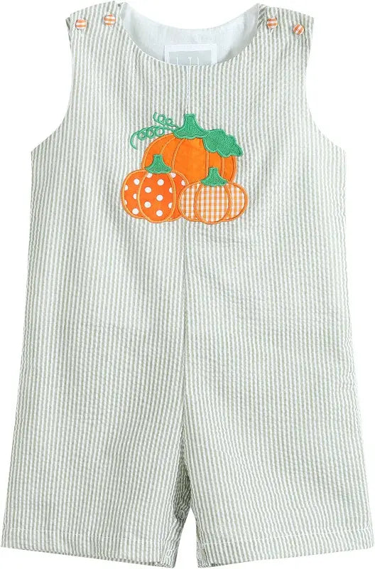 Green Striped Thanksgiving Overalls with Pumpkins