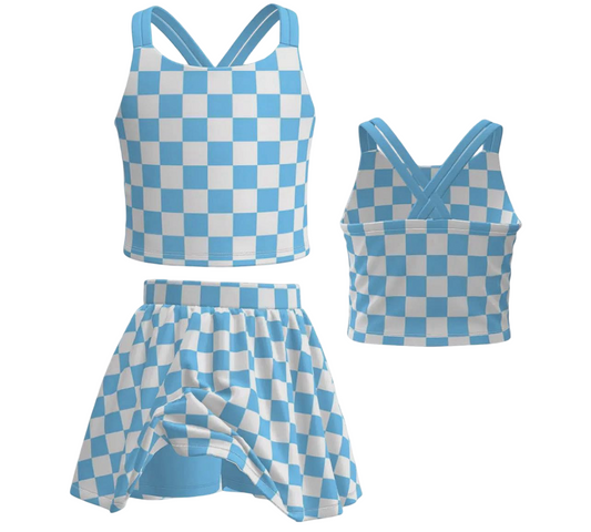 Girls Blue Checkered Gym Set