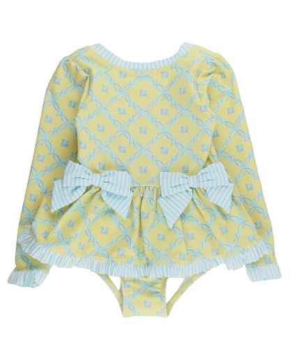 RuffleButts Banana Coastal Charm Long Sleeve Swimsuit