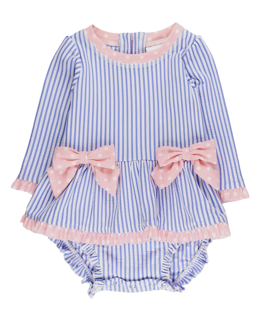 RuffleButts Baby Girls Periwinkle Blue Seersucker Long Sleeve One Piece Swimsuit