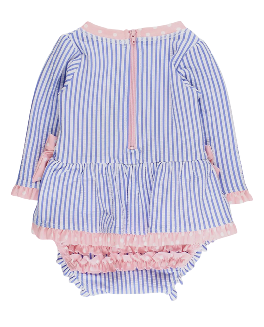RuffleButts Baby Girls Periwinkle Blue Seersucker Long Sleeve One Piece Swimsuit