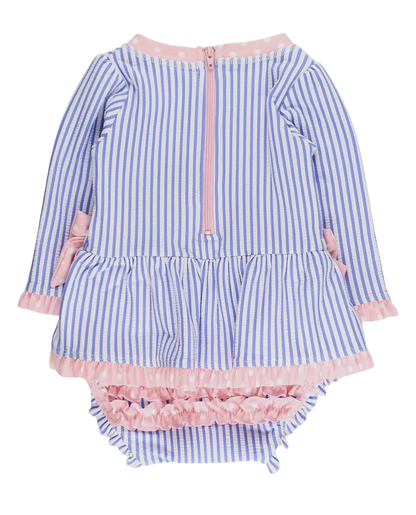 RuffleButts Baby Girls Periwinkle Blue Seersucker Long Sleeve One Piece Swimsuit