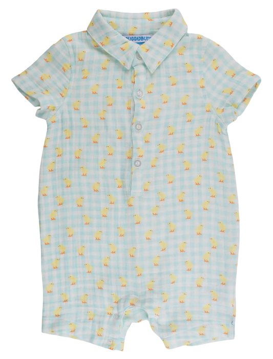 RuggedButts Baby Boys Chirping Chicks Gingham Button-Up Romper