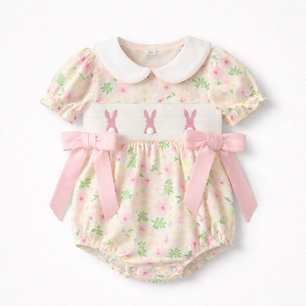 Girls Easter Bunny Embroidered Smocked Romper