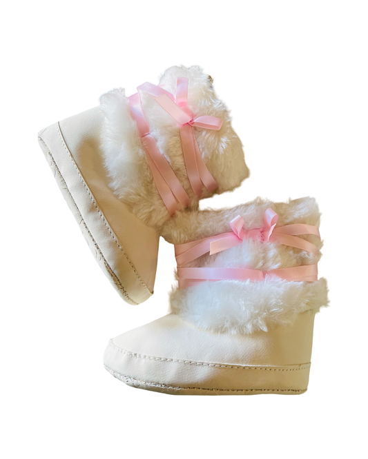 White Fur Boots with Pink Bows