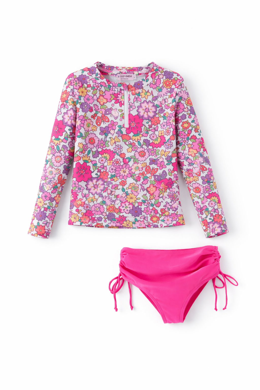 Hot Pink Summer Floral Girls Long Sleeved Swimsuit Set