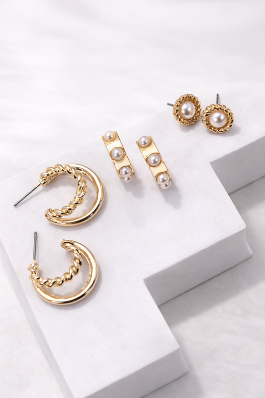 Josslyn Gold Pearl Hoop Stud Trio Earrings