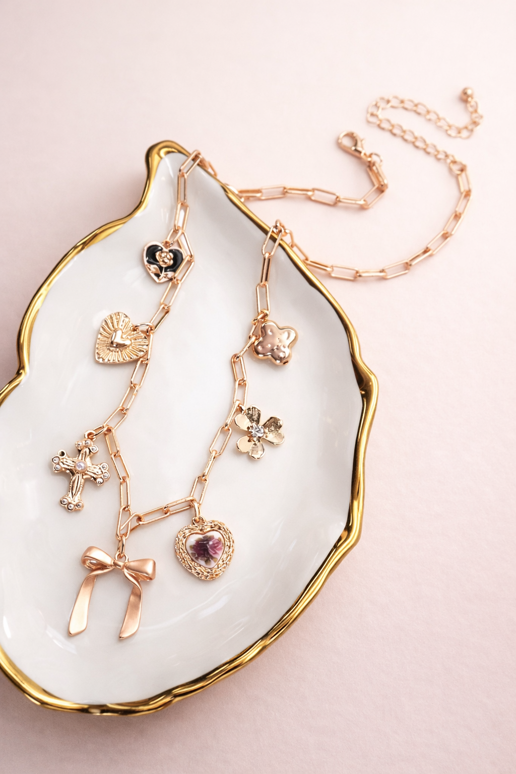 Josslyn Charm Necklace-Porcelain Floral Bow Cross Heart