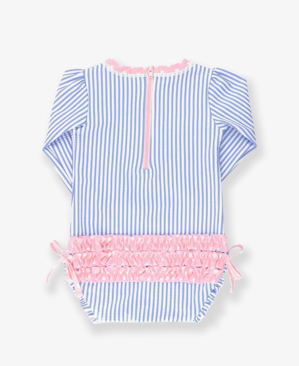 RuffleButts Periwinkle Blue Striped Seersucker Swimsuit