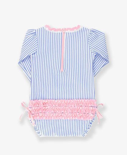 RuffleButts Periwinkle Blue Striped Seersucker Swimsuit