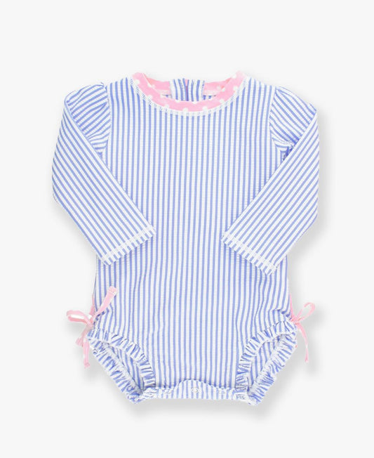 RuffleButts Periwinkle Blue Striped Seersucker Swimsuit